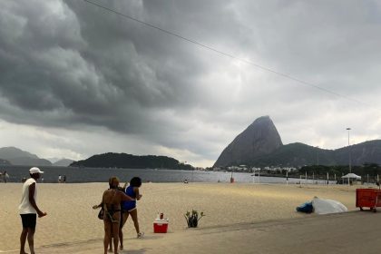 Orla sob céu carregado na véspera dos 461 anos do Rio: nuvens pesadas avançam sobre a cidade e mudam o cenário da praia neste fim de semana de aniversário.