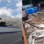 À esquerda, imagens d'água jorrando após rompimento de adutora da Cedae; à direita, imagens dos estragos provocados em imóveis atingidos pela água