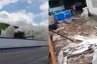 À esquerda, imagens d'água jorrando após rompimento de adutora da Cedae; à direita, imagens dos estragos provocados em imóveis atingidos pela água