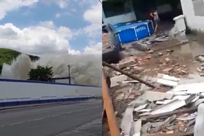 À esquerda, imagens d'água jorrando após rompimento de adutora da Cedae; à direita, imagens dos estragos provocados em imóveis atingidos pela água