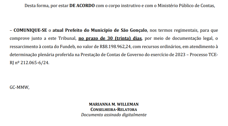 TCE dá 30 dias para prefeito de São Gonçalo comprovar devolução de R$ 8,1 milhões ao Fundeb 62 Captura de tela 2026 03 04 144512