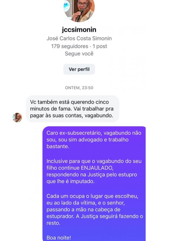Pai de preso por estupro coletivo, ex-subsecretário é acusado de ameaça contra influenciadora feminista 63 Captura de tela 2026 03 09 110620