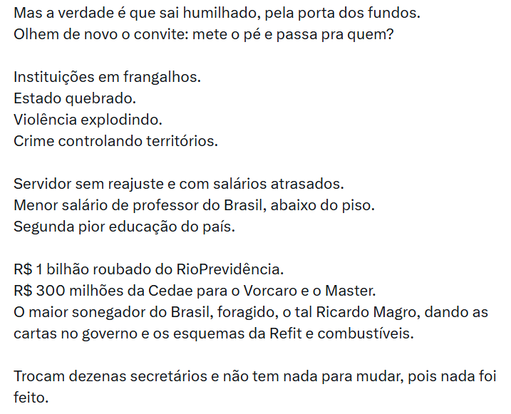 Pedro Paulo compara convites de despedida de Paes e Castro e afirma que governador 'sai humilhado, pela porta dos fundos' 64 Captura de tela 2026 03 23 112010