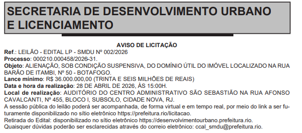 Suspenso pelo TCM, leilão de imóvel desapropriado em Botafogo é remarcado pela prefeitura; lance mínimo é de R$ 36 milhões 63 Captura de tela 2026 03 27 110030