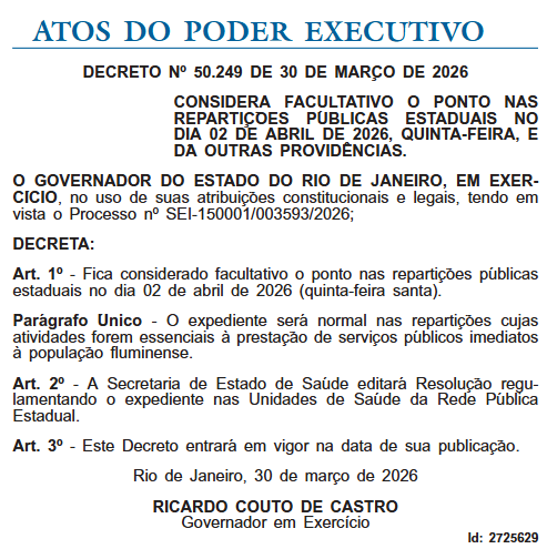 Feriadão: governador interino acompanha capital e decreta ponto facultativo na ‘quinta-feira santa’ para o Estado do Rio 62 Captura de tela 2026 03 31 081408 1
