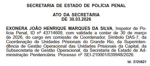 Inspetor da Polícia Penal é exonerado por transferir Rodrigo Bacellar para Bangu 8 em carro particular blindado 62 Captura de tela 2026 03 31 120501