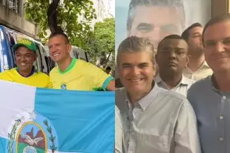 Renato de Paula ao lado de Douglas Ruas no ato “Acorda Brasil”, em Copacabana (à esquerda), e com Eduardo Paes e Washington Reis em evento do MDB (à direita).