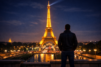A cada degrau, mais um pouco. No final da escadaria, lá estava ela. Alta, isolada, majestosa, iluminada, inesquecível: a Torre Eiffel.