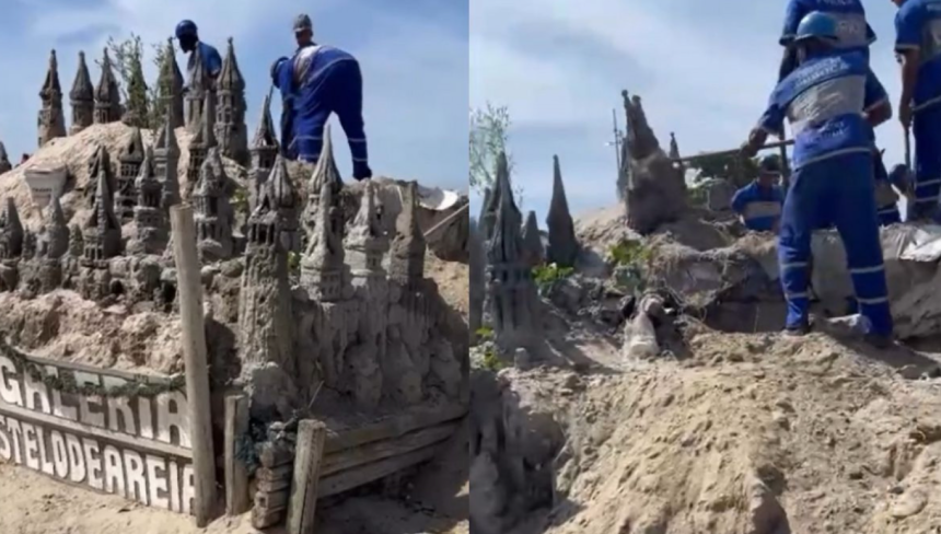 Agentes da Prefeitura do Rio demolindo Castelo de Areia, na Barra