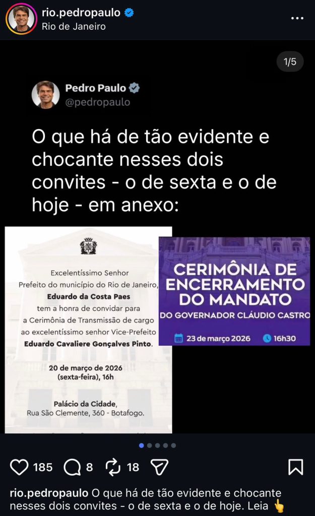 Pedro Paulo compara convites de despedida de Paes e Castro e afirma que governador 'sai humilhado, pela porta dos fundos' 62 WhatsApp Image 2026 03 23 at 11.30.05