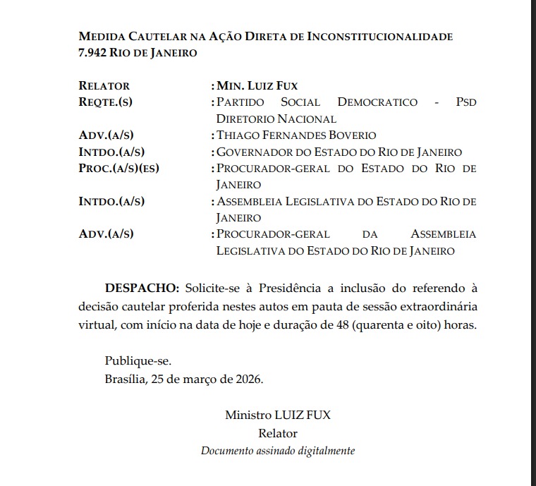 Decisão de Fux sobre eleição indireta para governador vai ao plenário virtual do STF; julgamento será concluído em 48 horas 62 WhatsApp Image 2026 03 25 at 15.33.03