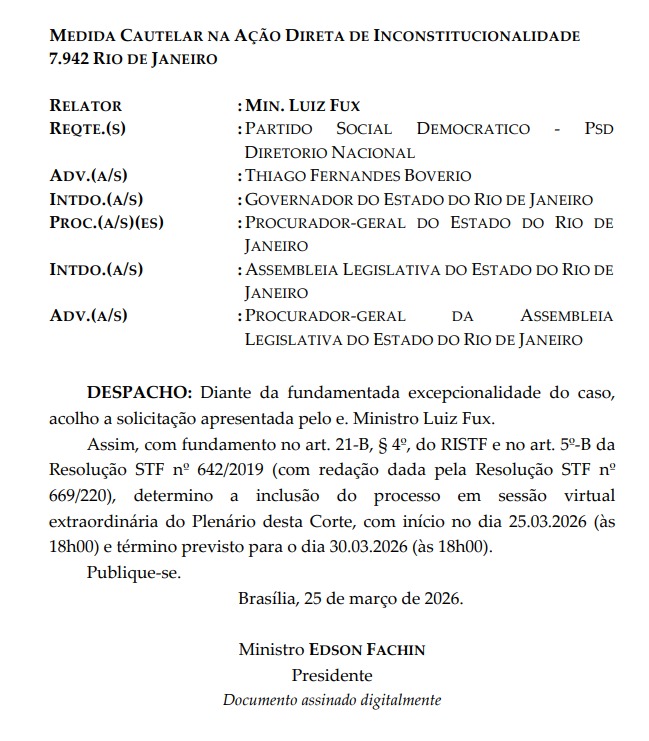 Decisão de Fux sobre eleição indireta para governador vai ao plenário virtual do STF; julgamento será concluído em 48 horas 62 WhatsApp Image 2026 03 25 at 15.51.33