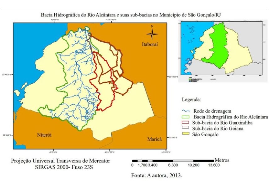Bacia hidrográfica do Rio Alcântara e sub-bacias em São Gonçalo, uma das áreas que serão atendidas pelas obras de ampliação do sistema de esgotamento sanitário.