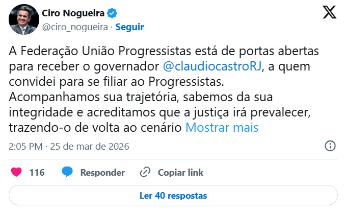 'PP está de portas abertas': Ciro Nogueira convida o ex-governador Claudio Castro para federação União-Progressista 62 ciro nogueira claudio castro
