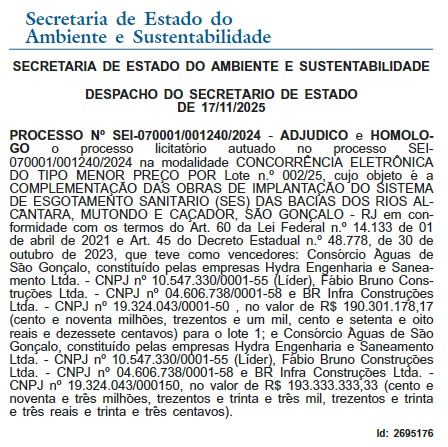 Estado homologa licitação de R$ 383 milhões para obras de saneamento em São Gonçalo 62 despacho ambiente