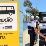 Placa de nova linha de BRT com logomarca das Prefeituras de Mesquita e Rio