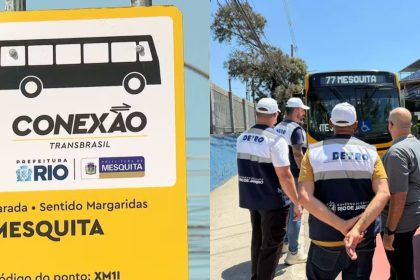 Placa de nova linha de BRT com logomarca das Prefeituras de Mesquita e Rio