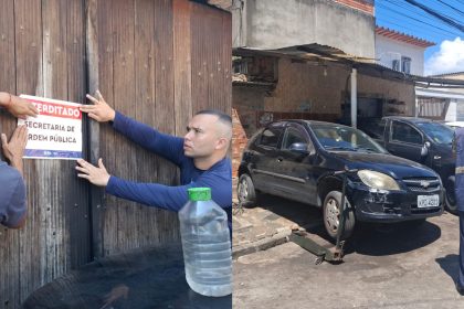 Agentes da prefeitura fiscalizando oficinas mecânicas na Taquara