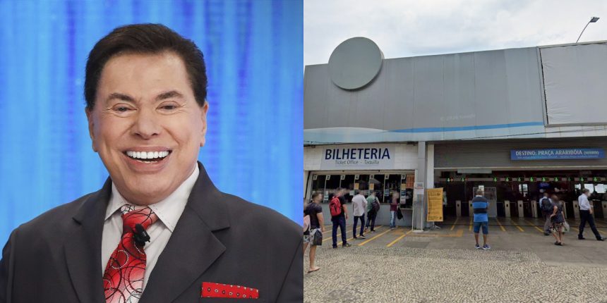 Silvio Santos, no lado esquerdo; e fachada da estação de barcas na Praça XV, no lado direito