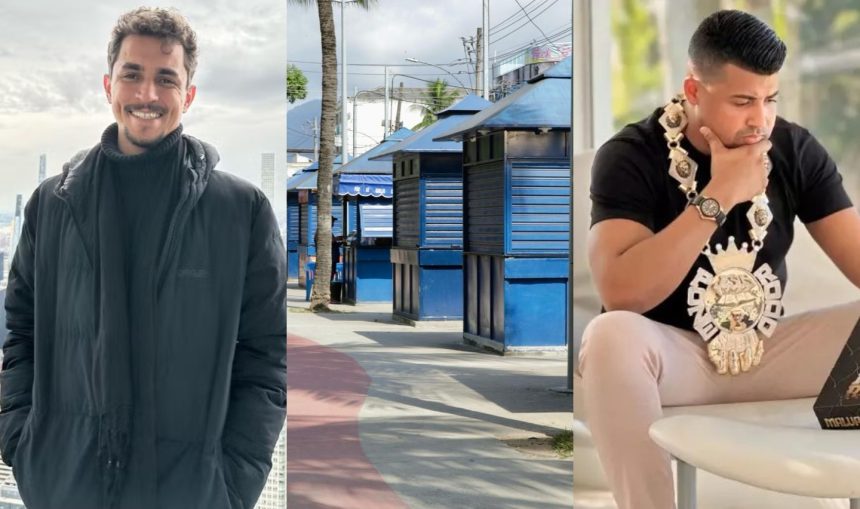 No lado esquerdo, Salvino Oliveira; no meio, quiosques n Gardênia Azul; no lado direito, ex-deputado TH Joias