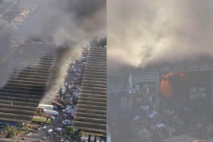 Coluna de fumaça após incêndio na Ceasa