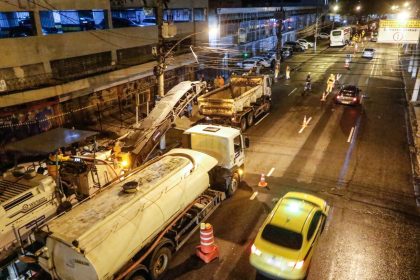 Obras de fresagem e recapeamento durante a noite na Zona Norte do Rio: imagem ilustra o modelo de intervenção que será levado à Zona Sudoeste na nova fase do Asfalto Liso.