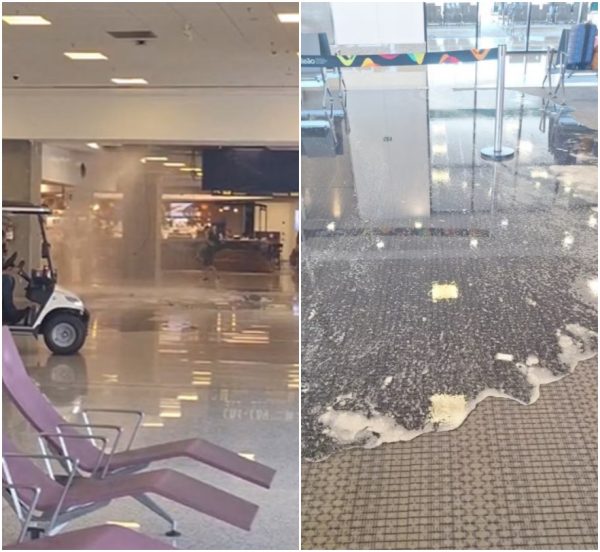 Encanamento rompe e causa alagamento na área de embarque internacional do Aeroporto do Galeão nesta quarta-feira (08)