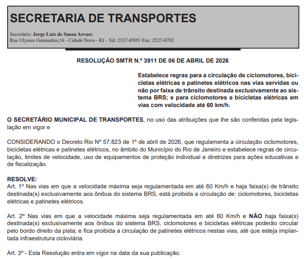 Secretaria de Transportes do Rio proíbe trânsito de bicicletas elétricas e ciclomotores em vias com faixa exclusiva para ônibus 62 Captura de tela 2026 04 07 080937
