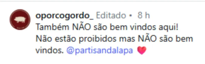 Postagem do O Porco Gordo, restaurante que disse que cidadão de Israel também não são bem-vindos lá