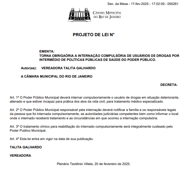 Câmara do Rio enterra projeto de Talita Galhardo que obrigava a internação compulsória de usuários de drogas 63 Captura de tela 2026 04 13 131939