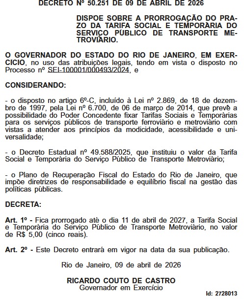 Governador em exercício prorroga tarifa social de R$ 5 no metrô do Rio até 2027 62 WhatsApp Image 2026 04 10 at 08.06.46