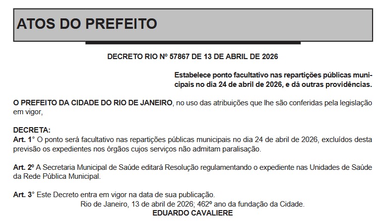 Feriadão confirmado: Cavaliere oficializa ponto facultativo na sexta (24), após feriado de São Jorge 62 WhatsApp Image 2026 04 14 at 07.25.36 1