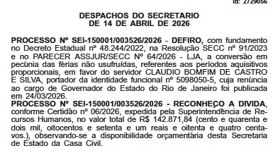 R$ 142 mil na conta: governo do estado autoriza indenização de férias a Cláudio Castro, semanas após renúncia 62 WhatsApp Image 2026 04 15 at 19.18.39