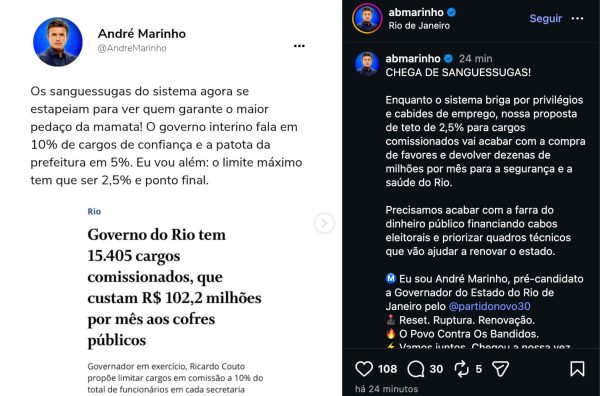 André Marinho dobra a aposta de Eduardo Cavaliere e propõe teto de 2,5% para cargos comissionados no estado