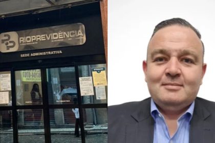 Fachada do Rioprevidência, de um lado; Deivis Marcon Antunes, de outro