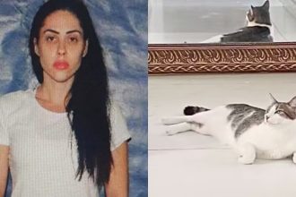 Do lado esquerdo, Monique Medeiros; do lado direito, gato