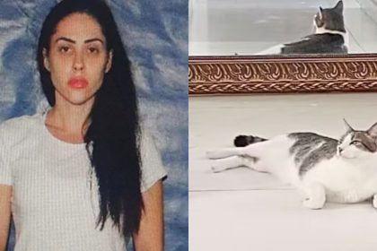 Do lado esquerdo, Monique Medeiros; do lado direito, gato