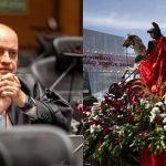 Do lado esquerdo, governador interino Ricardo Couto de Castro, que assinou ponto facultativo; do lado direito, estátua de São Jorge