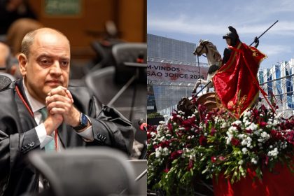 Do lado esquerdo, governador interino Ricardo Couto de Castro, que assinou ponto facultativo; do lado direito, estátua de São Jorge