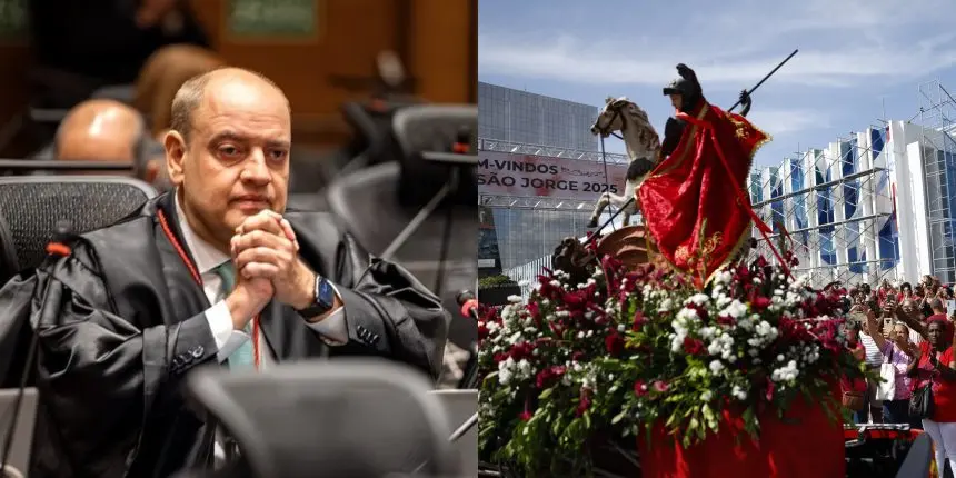 Do lado esquerdo, governador interino Ricardo Couto de Castro, que assinou ponto facultativo; do lado direito, estátua de São Jorge