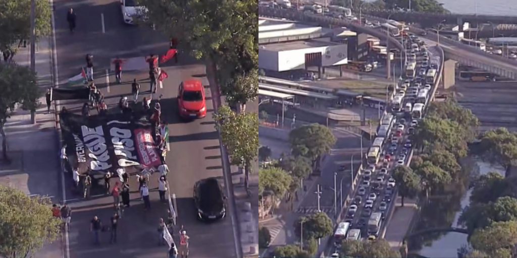 Manifestação bloqueia faixas da Avenida Francisco Bicalho e congestiona trânsito no Centro do Rio