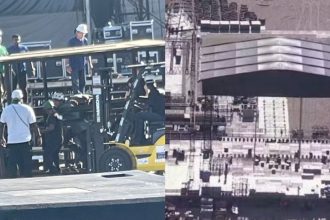 Imagens da montagem do placo para o show da Shakira, em Copacabana