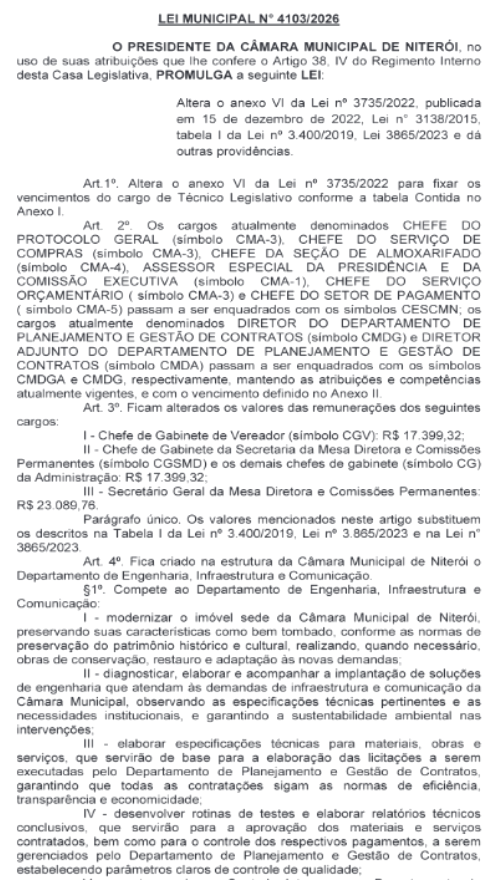Após meses no ‘limbo’, lei que aumenta salários em gabinetes de vereadores de Niterói é oficializada; secretário da Mesa Diretora passa a receber R$ 23 mil 62 Captura de tela 2026 05 28 145552