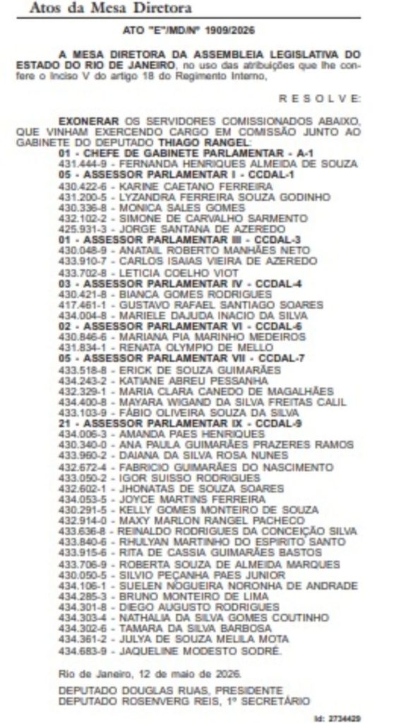 Alerj exonera todo o gabinete de Thiago Rangel; 40 assessores do deputado deixam a Casa 62 WhatsApp Image 2026 05 13 at 07.41.42