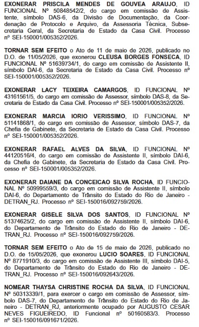 Em dois dias, Casa Civil soma 206 exonerações no governo do estado do Rio; terça (19) tem cortes na própria pasta e na Educação 63 WhatsApp Image 2026 05 19 at 08.50.47