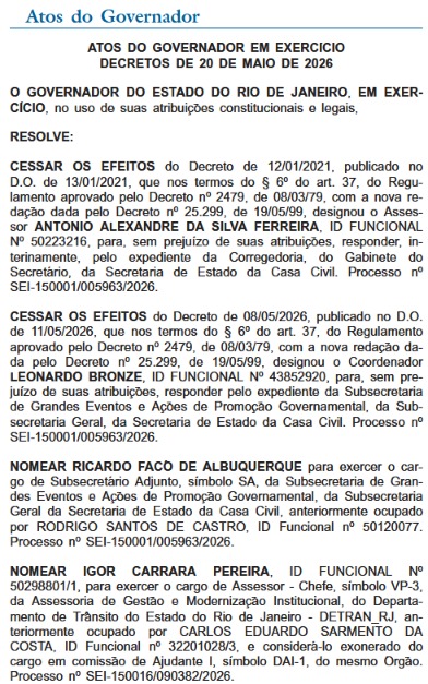 Ricardo Couto nomeia novo subsecretário de Grandes Eventos; governador fez mudanças no comando de Detran-RJ e Inea 62 WhatsApp Image 2026 05 21 at 08.16.48