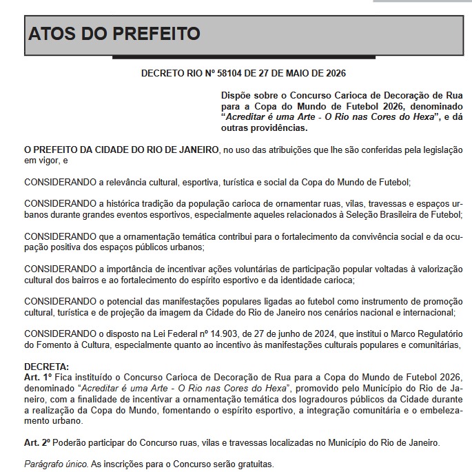 Copa do Mundo: Prefeitura do Rio lança concurso de pinturas de rua, com prêmio de R$ 50 mil para o primeiro lugar 62 WhatsApp Image 2026 05 28 at 07.00.51