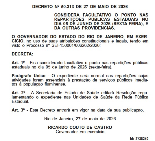 Corpus Christi: governo do estado do Rio decreta ponto facultativo na sexta-feira pós-feriado 62 WhatsApp Image 2026 05 28 at 08.02.00 1