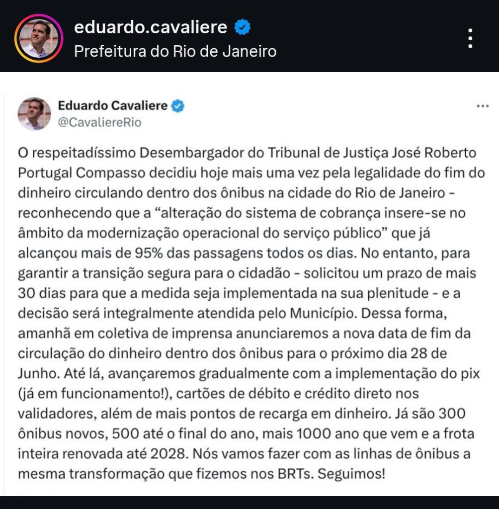 Nova data: Cavaliere anuncia que o fim do pagamento em dinheiro nos ônibus municipais do Rio será no dia 28 de junho 62 WhatsApp Image 2026 05 29 at 07.01.19