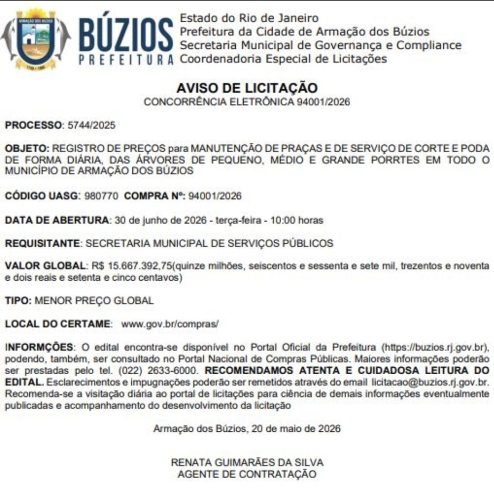 É poda! Prefeitura de Búzios abre licitação milionária para manutenção de praças e corte de árvores; investimento é de R$ 15,6 milhões 62 buzios poda